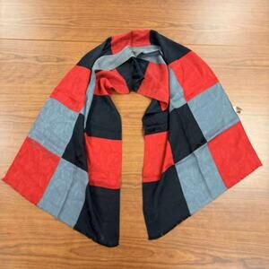 Vintage Anne Klein Silk Scarf Red Black Gray Colorblock 34x34 Made in USA